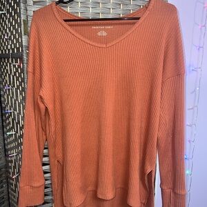 American Eagle Burnt Orange Ribbed V-Neck Long Sleeve Top